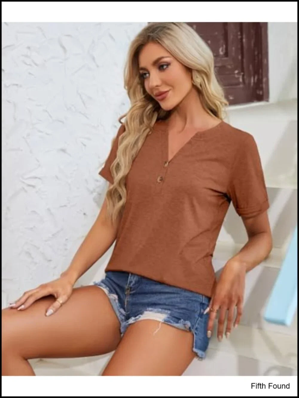 V-Neck Button Down Short Sleeve Tee, Loose Fit Business Casual Top